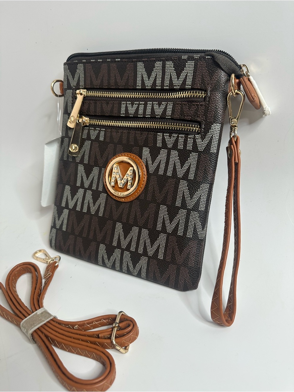 Brown MM Monogram Crossbody Bag with Gold Accent